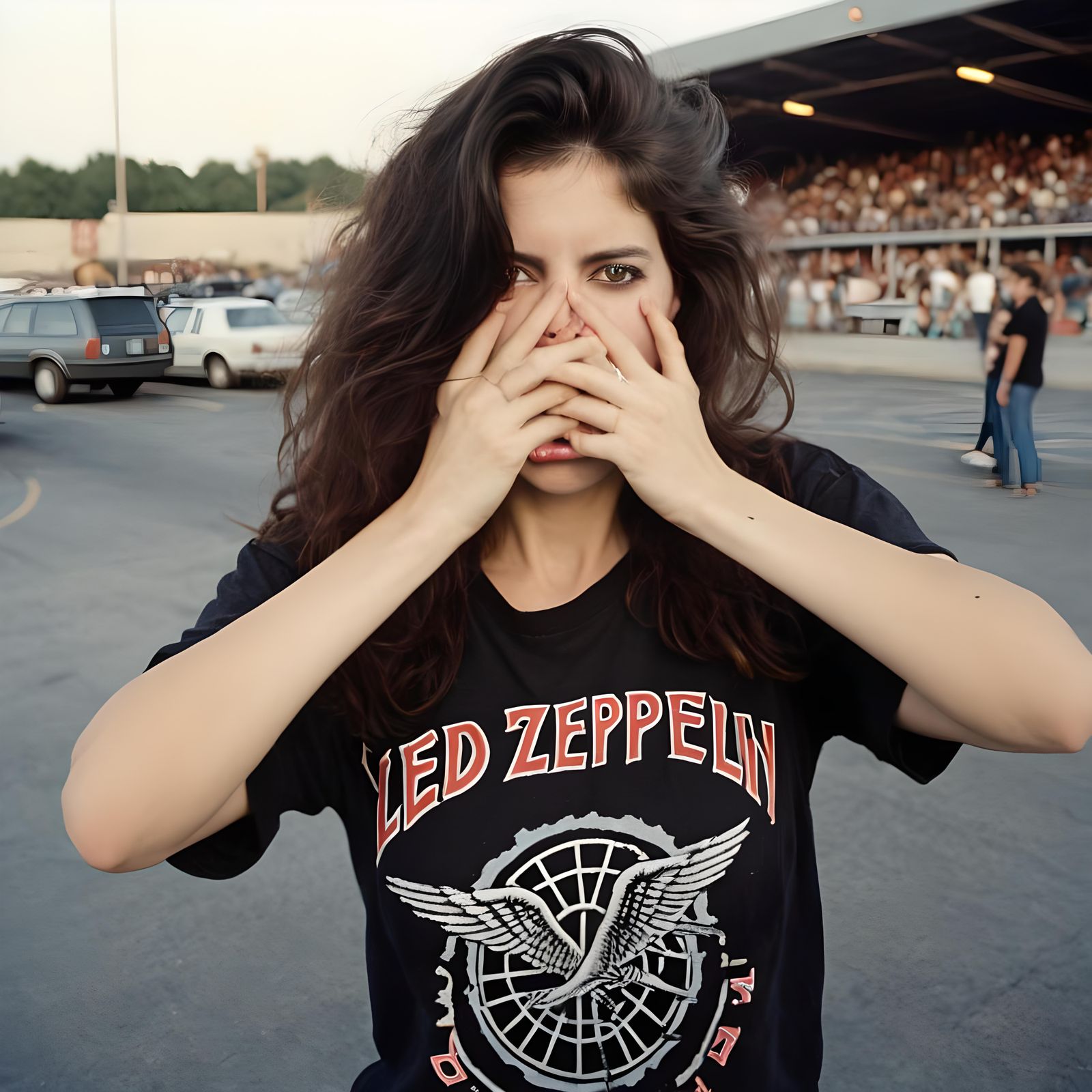 Flirty Woman Biting T-Shirt at 1980s Concert