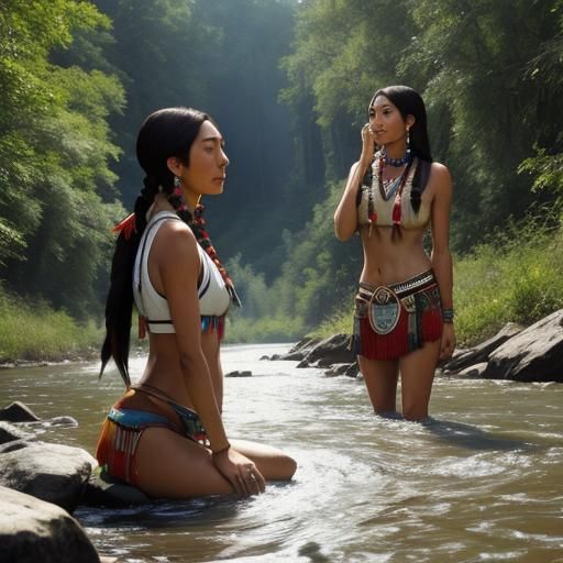 Native American Women Bathing in River