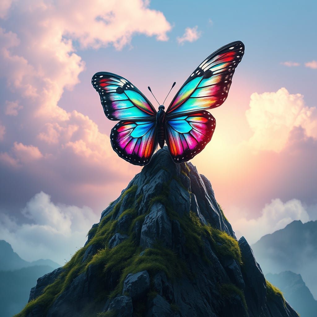 Hyperrealistic Butterfly on a Rugged Mountain Peak