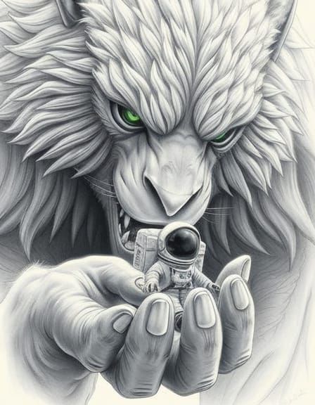 Mythical Beast Cradles Astronaut: Hyperrealistic Pencil Sket...