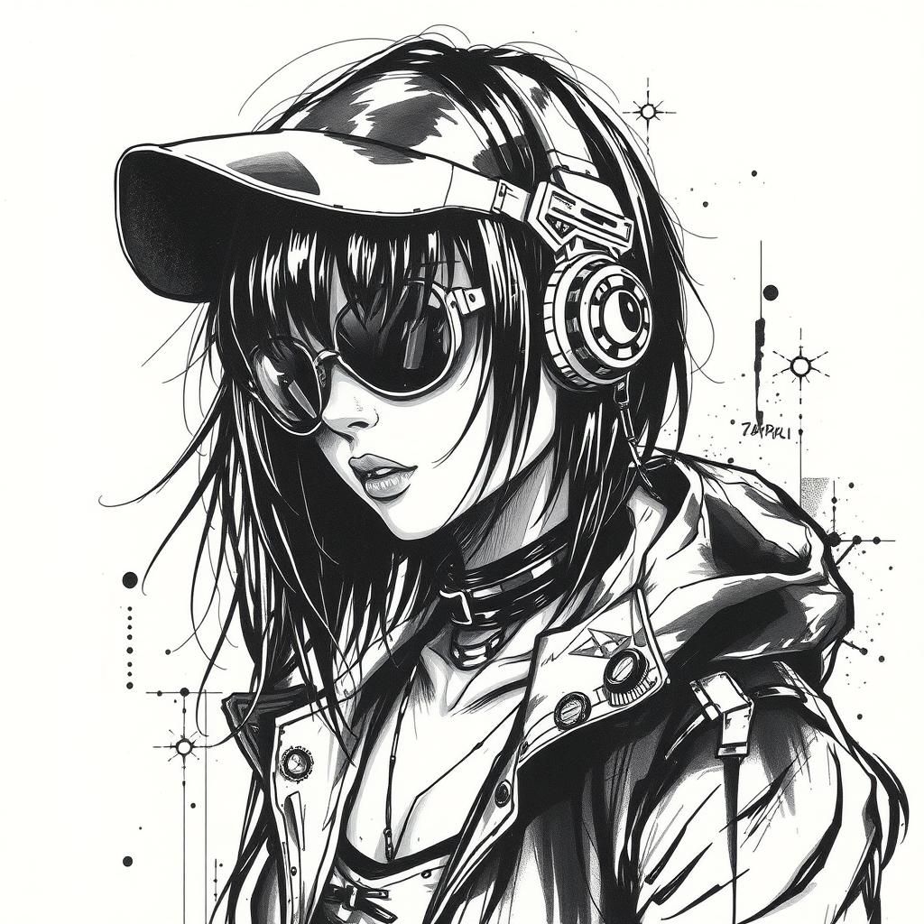 Cyberpunk Girl in Ink and Charcoal Style