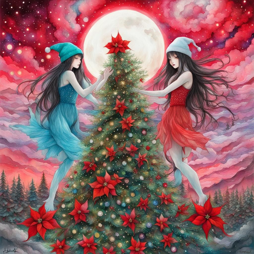 Fairies Celebrate Christmas: Alcohol Ink Painting Collage
