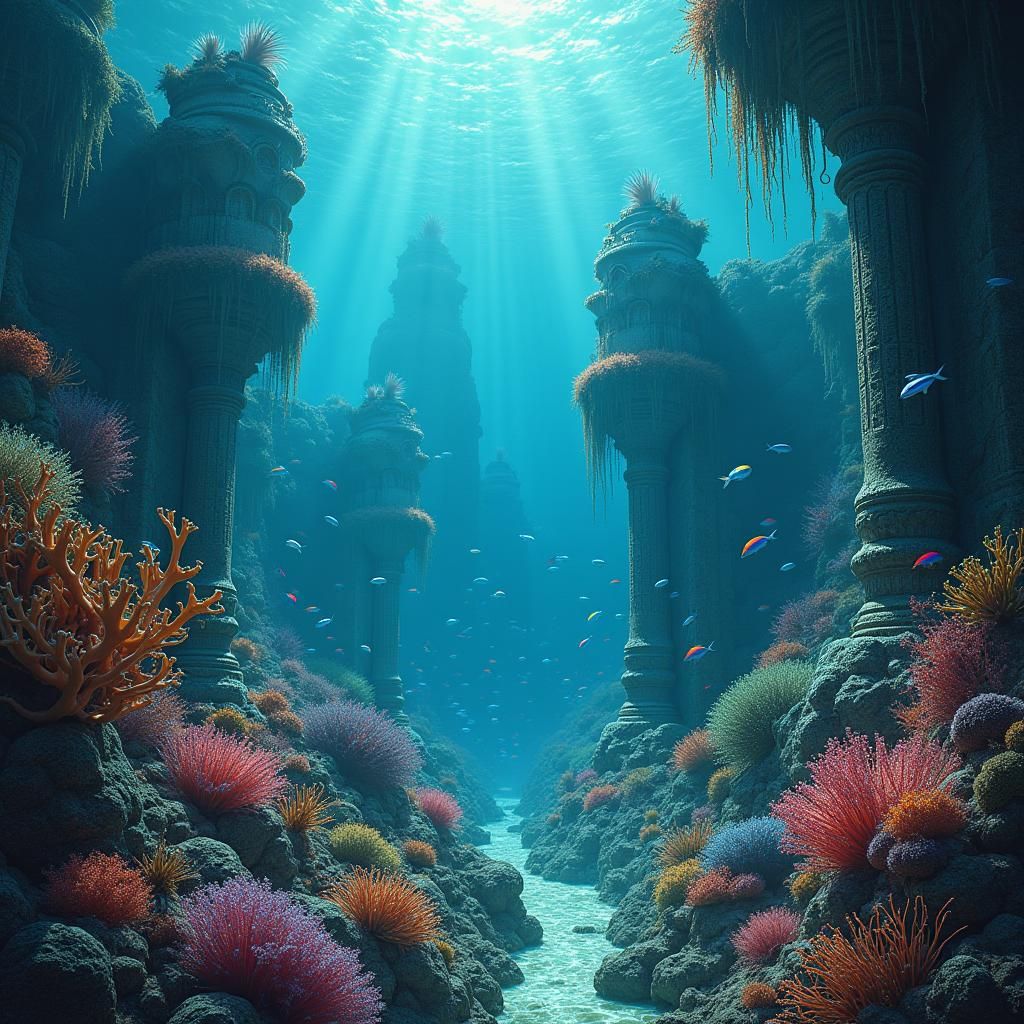 Underwater Metropolis with Bioluminescent Flora in Fantasy S...