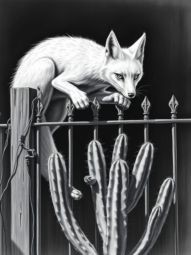 White Fox Climbs Fence: Detailed Pencil Illustration