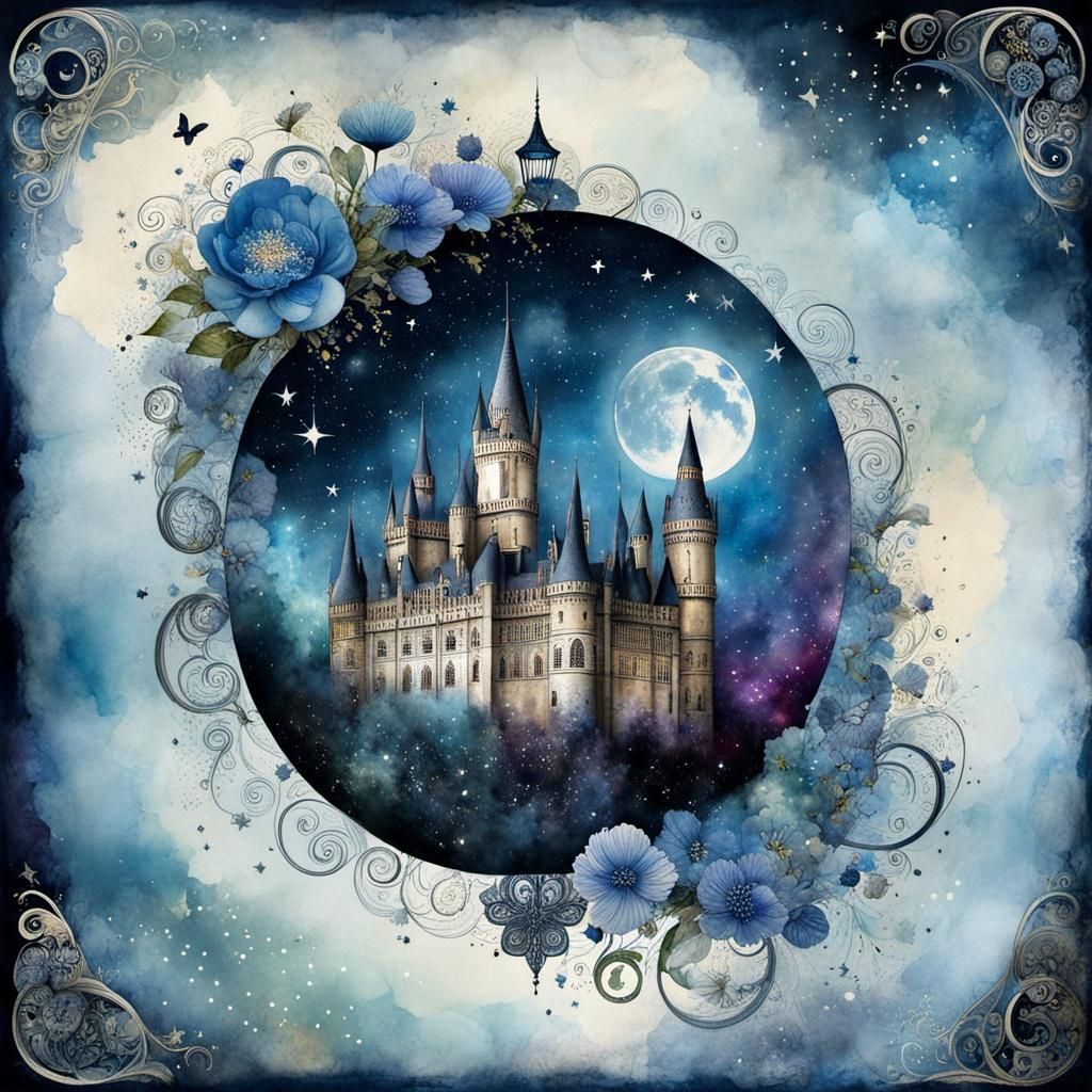 Whimsical Cosmic Floral Castle City Watercolor Art