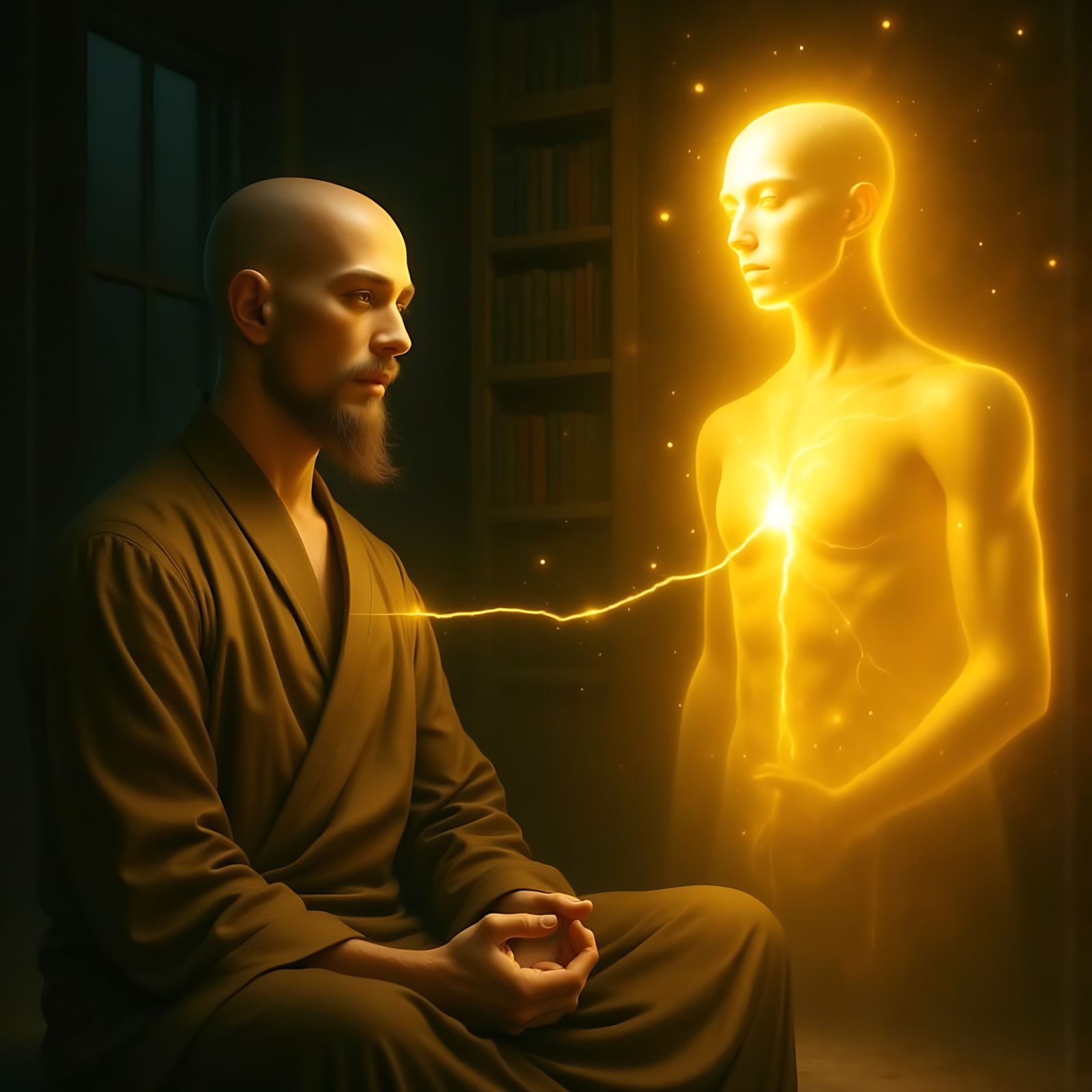 Bald Man Meditating with Astral Duplicate in Fantasy Paintin...