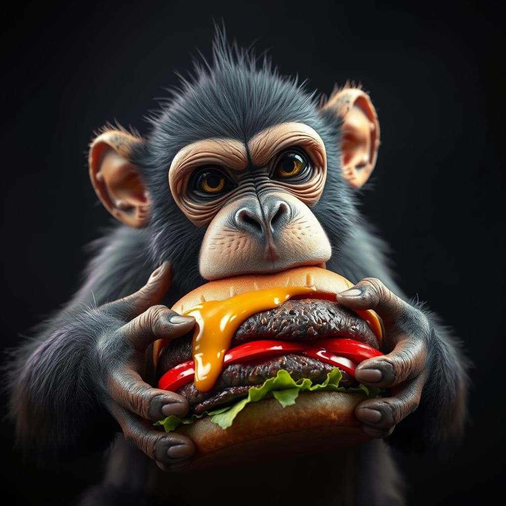 A Monkey Devours a Beef Burger in a Dark, Moody Setting