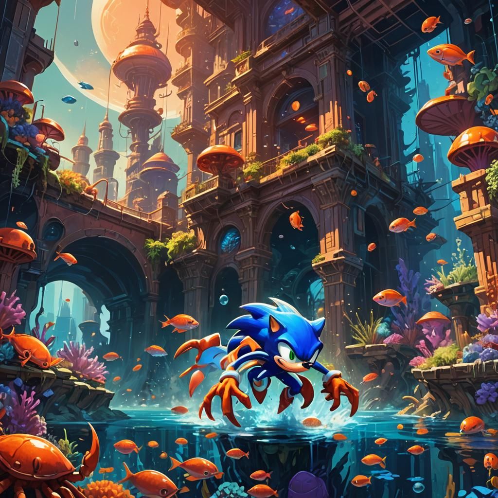 Sonic Punches Mr. Crab in Underwater City
