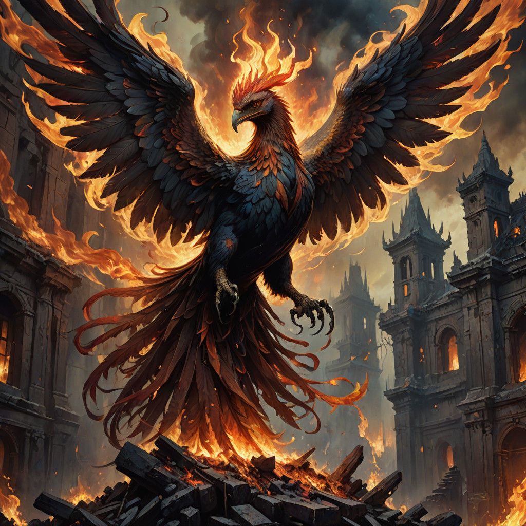 Majestic Phoenix in Dark Fantasy Oil Painting