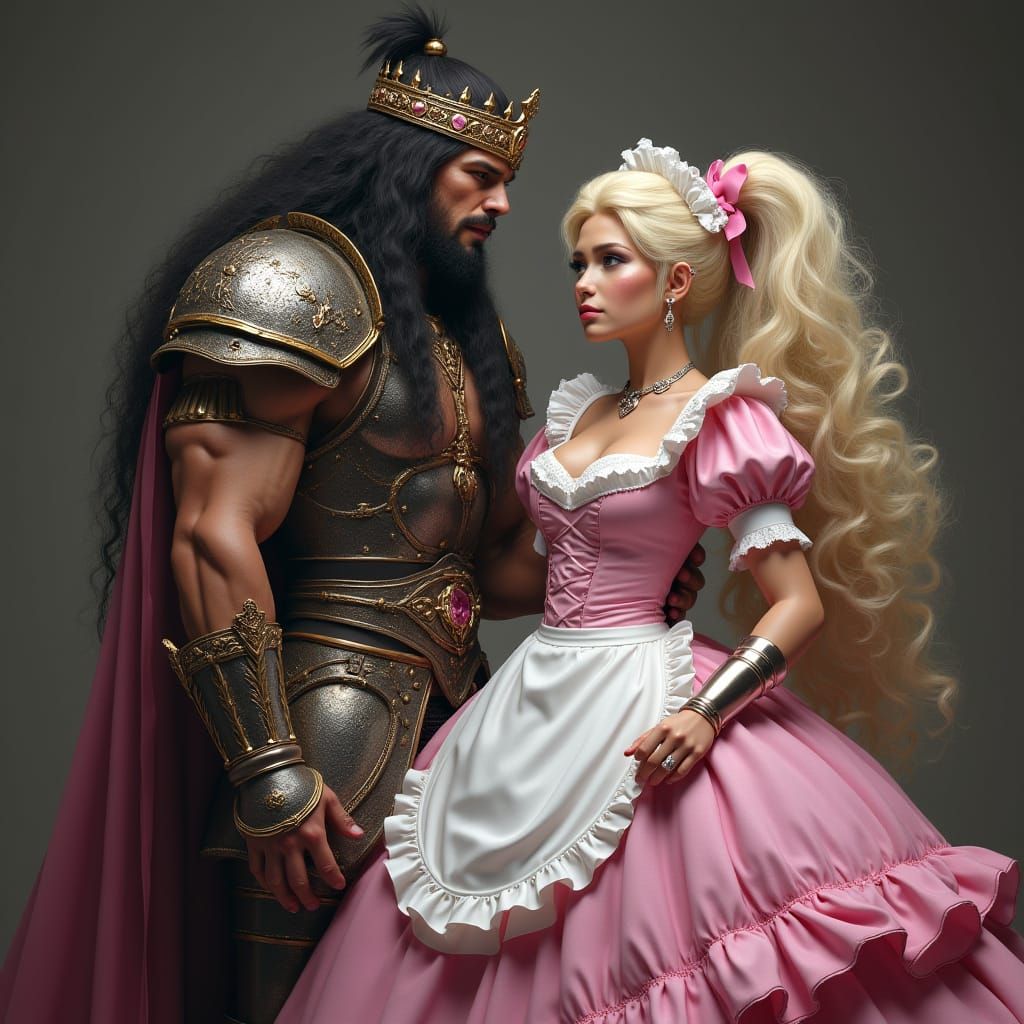 Regal Warrior King Conquers French Maid in Dark Fantasy Art
