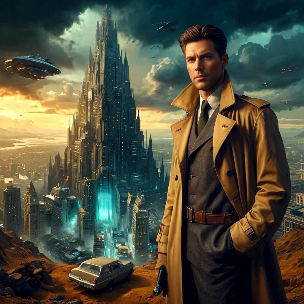 Futuristic Investigator and Ominous Dark Tower