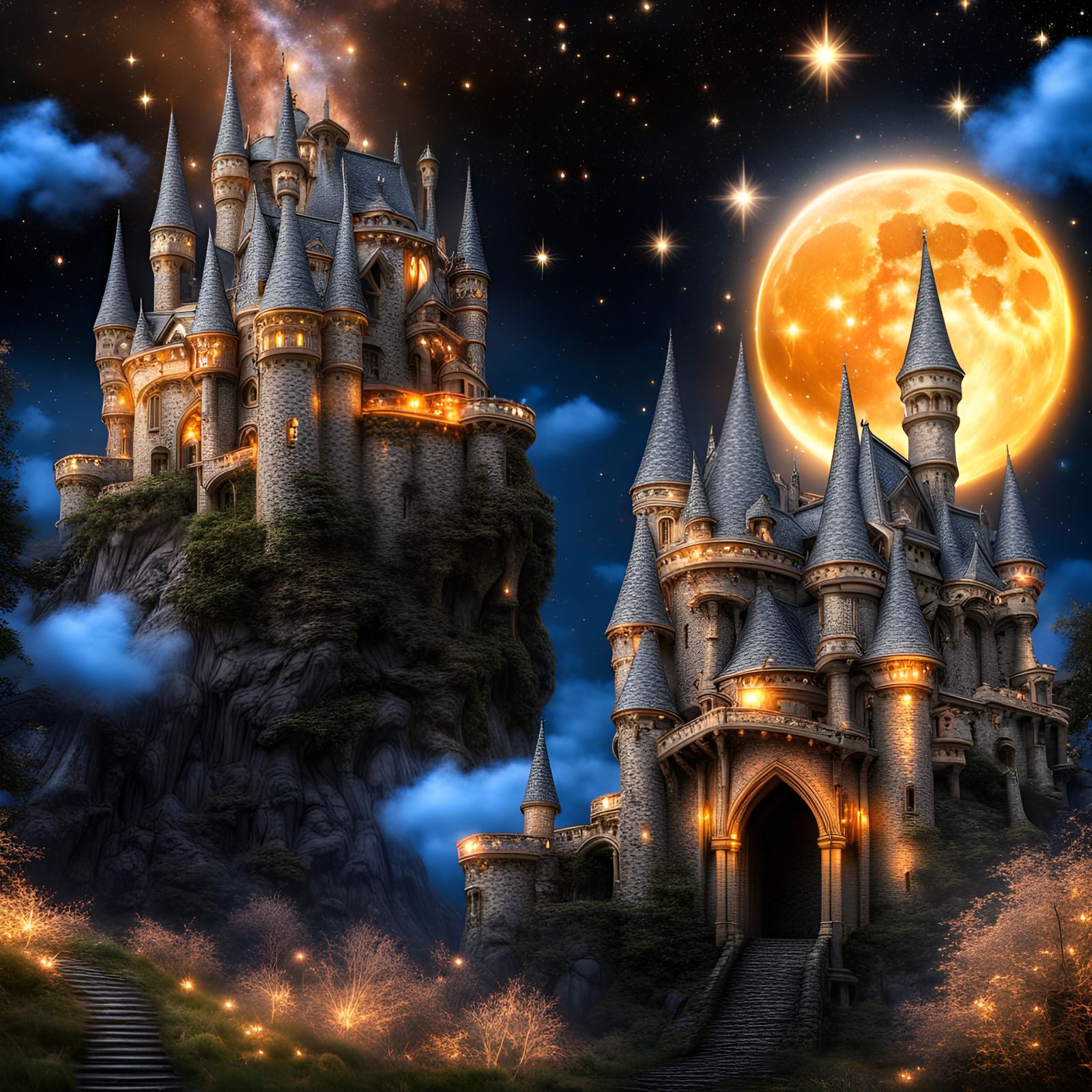 fantasy fairy castle, starry starry black sky, intricate det...