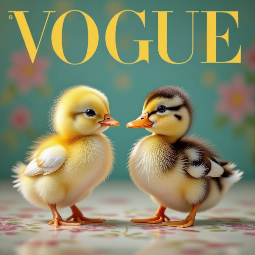 Cute Chick and Duckling Vogue Cover in Photorealistic Style