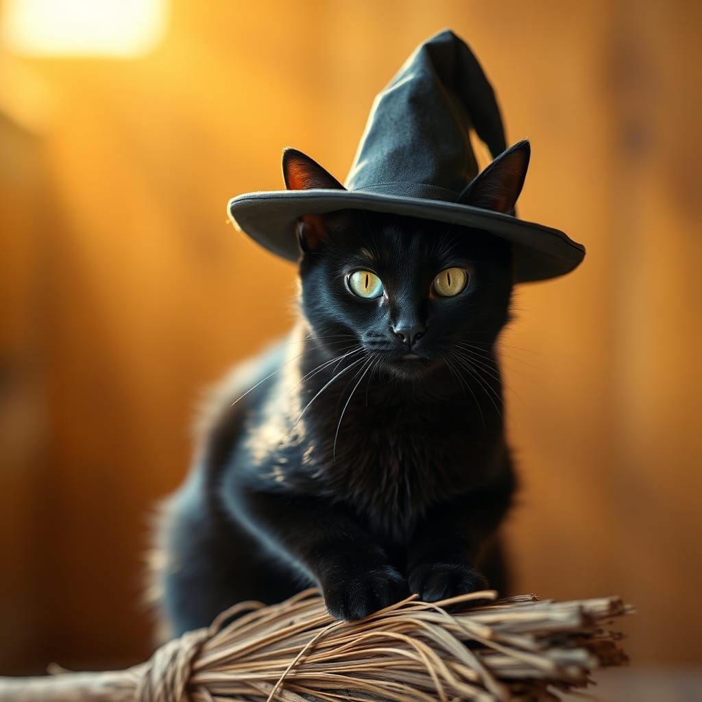 Black Cat Witch with Broomstick in Golden Light