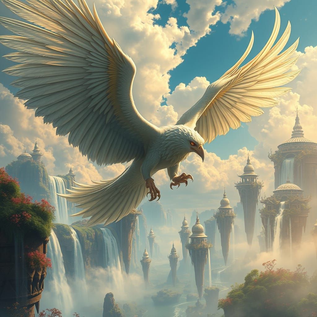 Griffin Soaring Through Fantasy Landscape