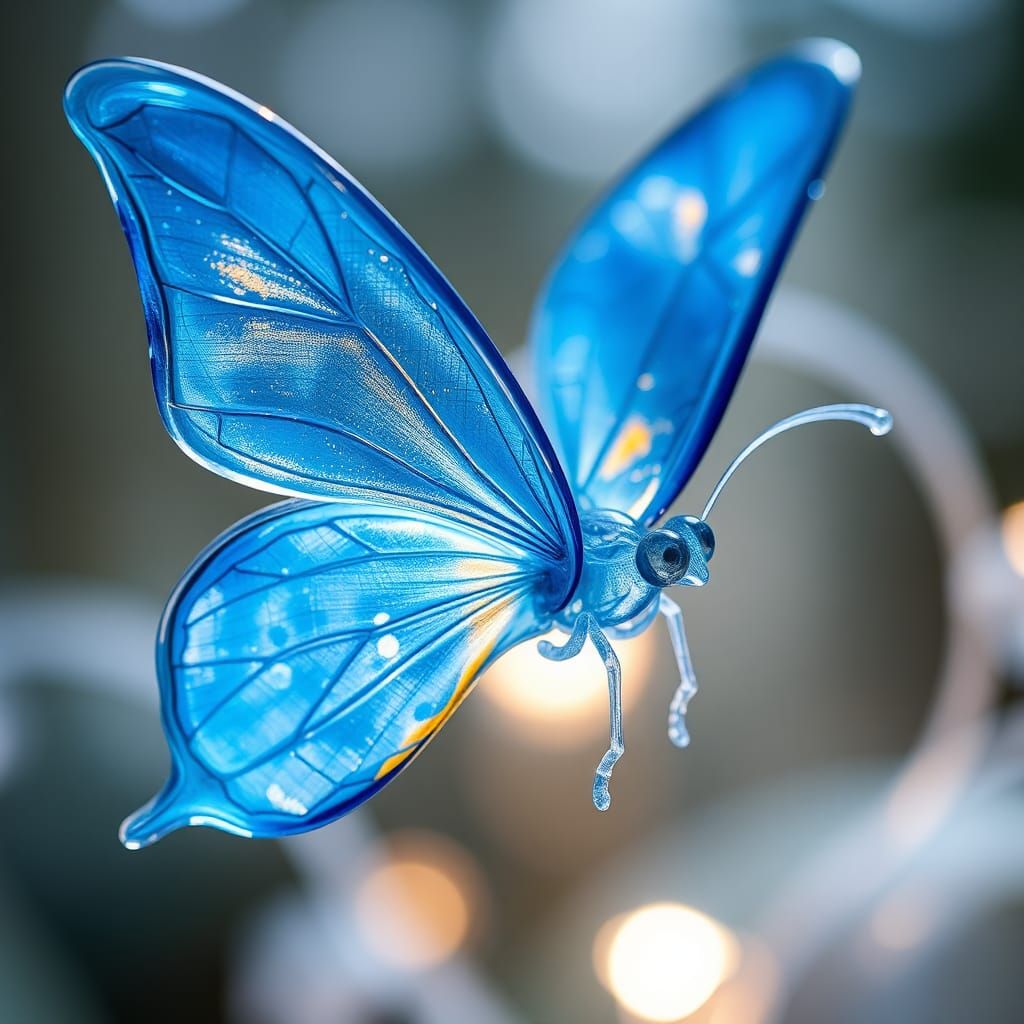 Iridescent Blue Glass Butterfly in Art Nouveau Style
