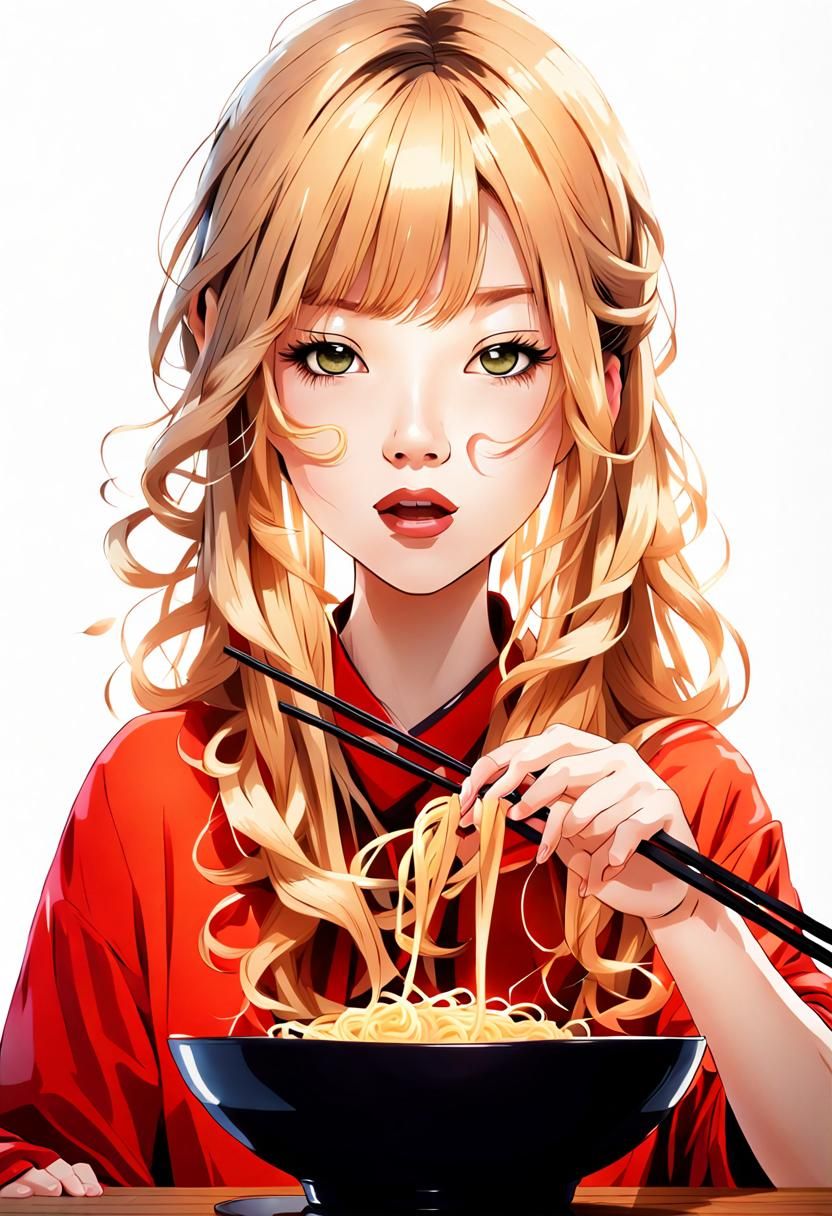 Blonde Haired Girl Eating Noodles with Chopsticks