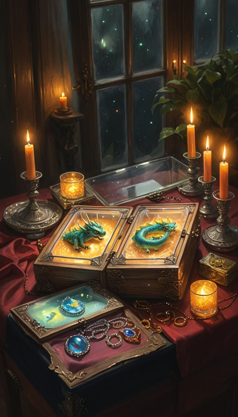 Cute Baby Dragon in Jewelry Box Crayon Drawing