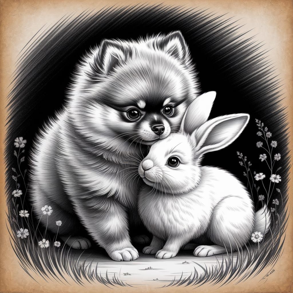 Fluffy Pomeranian Puppy Embraces Rabbit in Fine Art Sketch