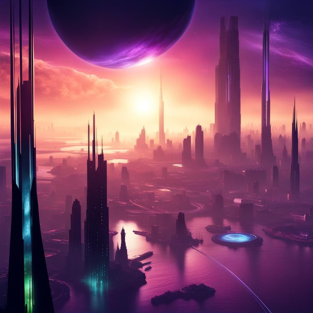 Purple Ocean Planet with Retro City Lights