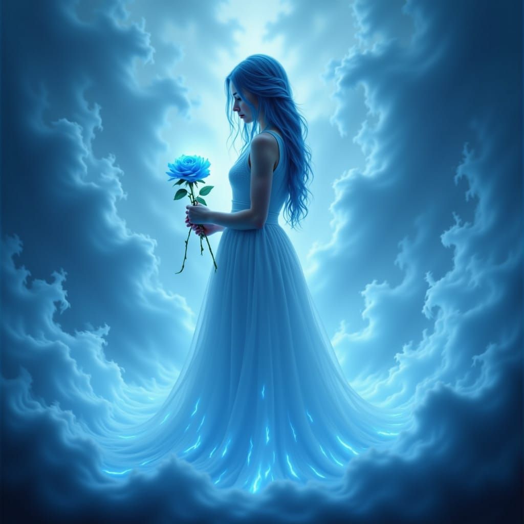 Ethereal Woman With Blue Rose In Mystical Flames