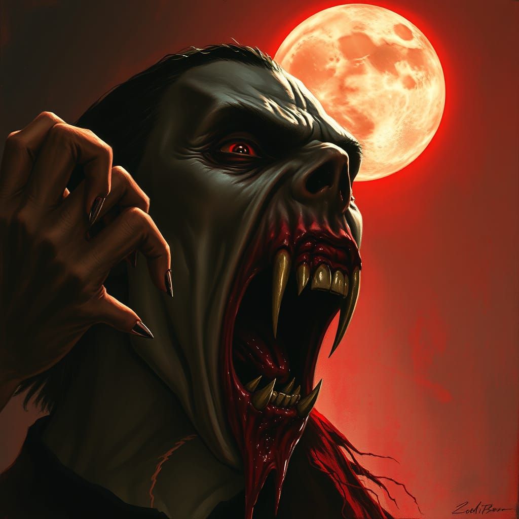 Terrifying Vampire with Melting Brain Under Blood Moon
