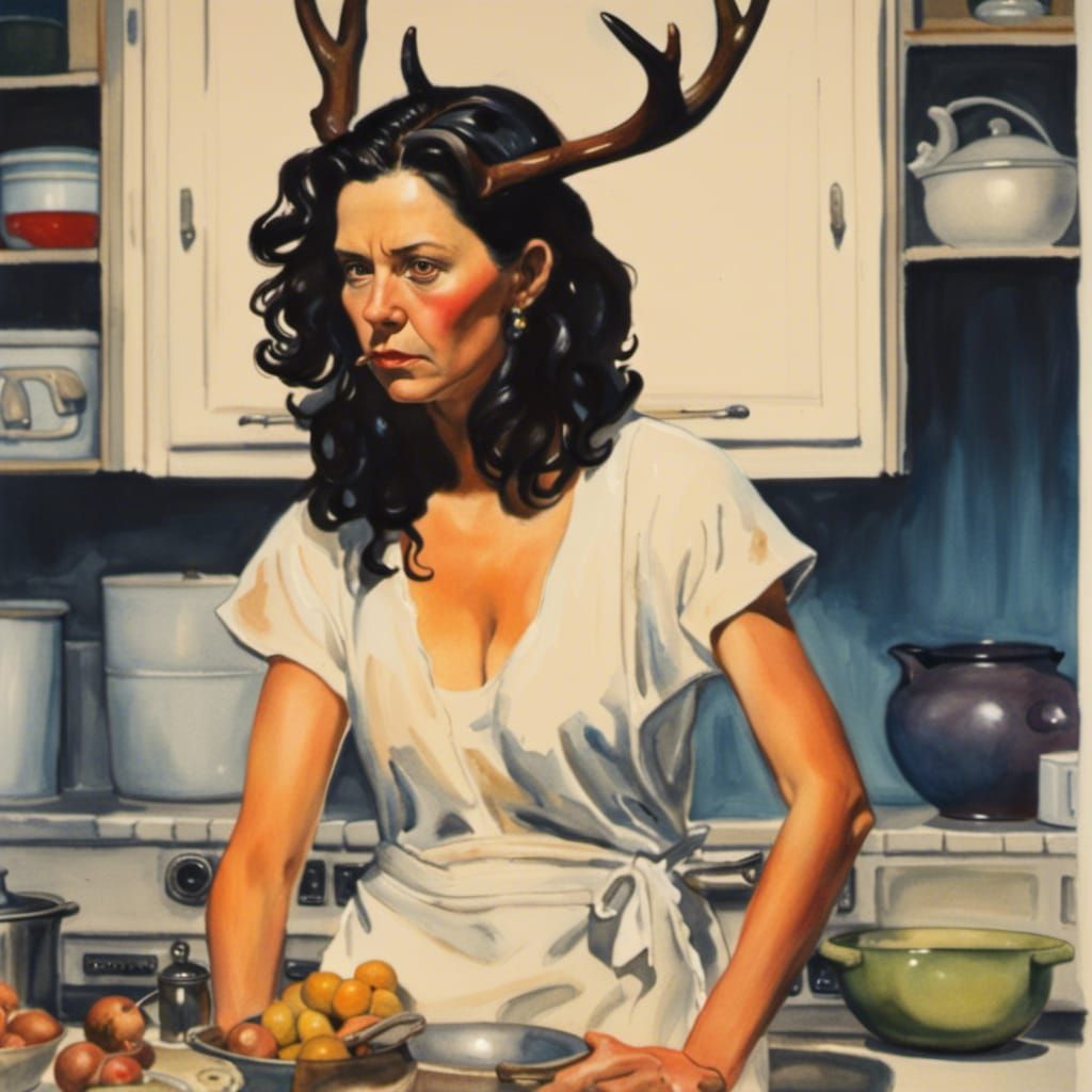 Midcentury Housewife Shaman in Rockwell Watercolor