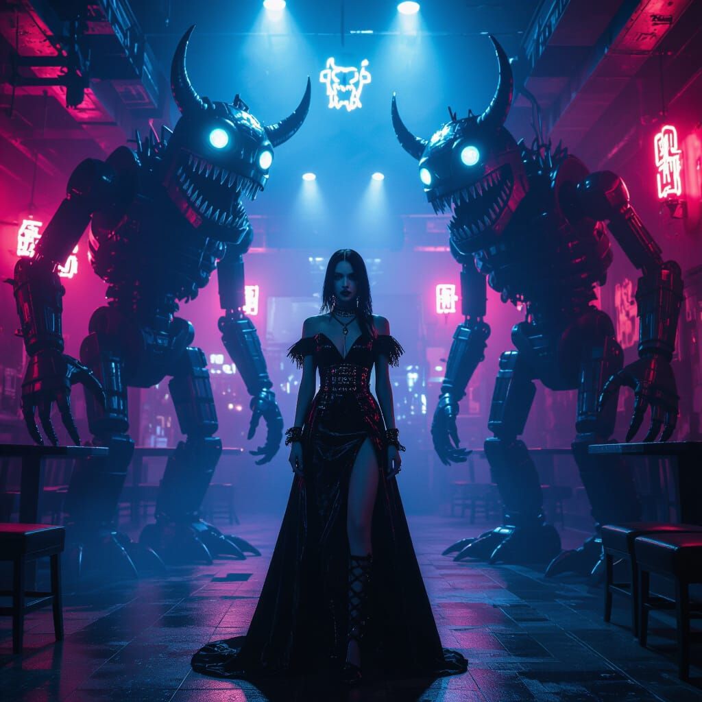 Goth Model in Punk Club with Animatronic Monsters