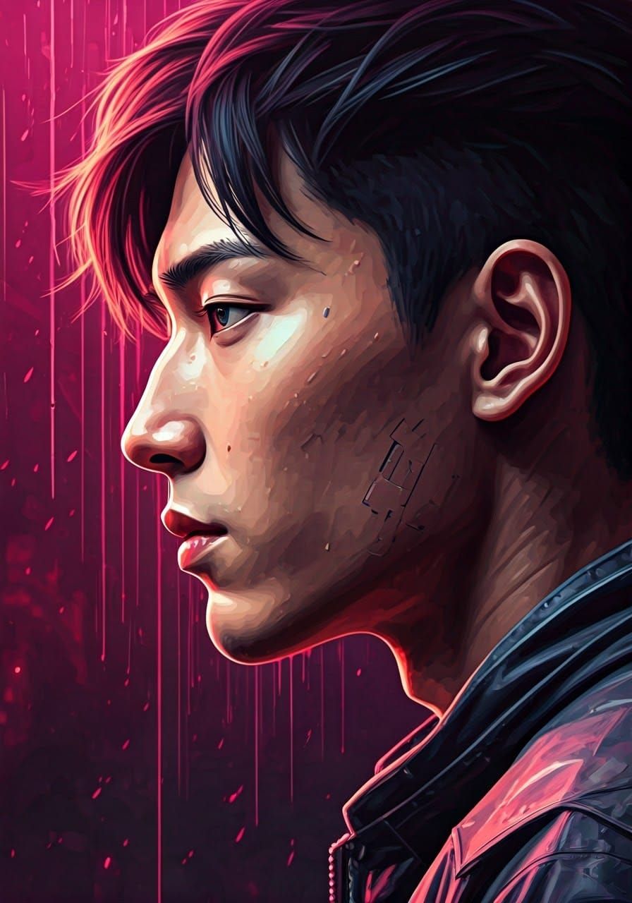 Magenta Cyberpunk Portrait of Young Asian Man