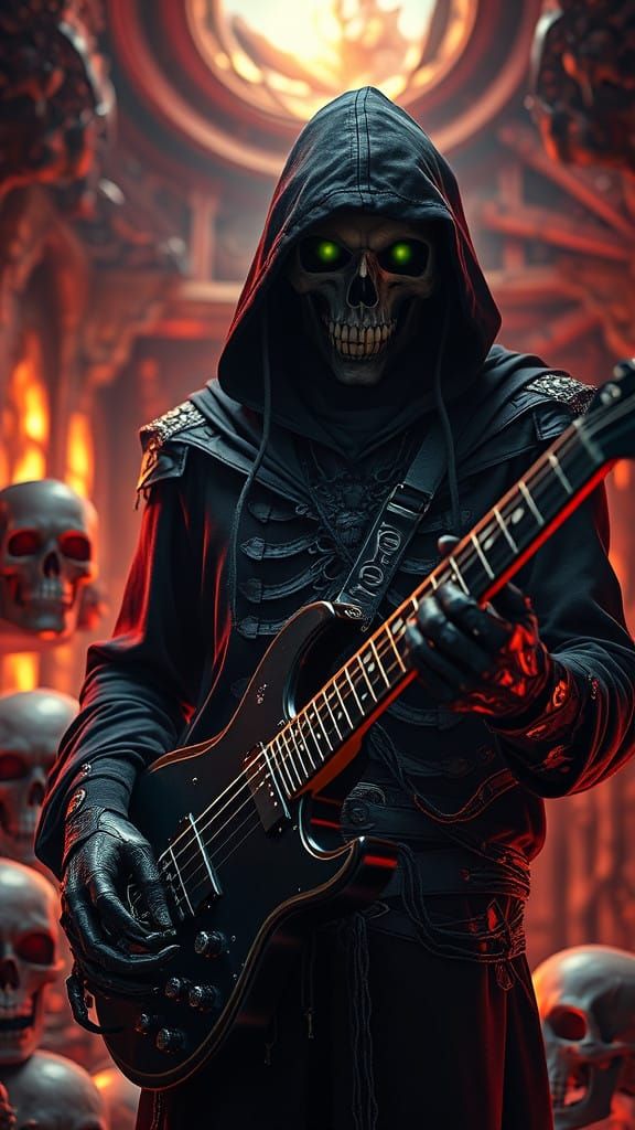 a reaper in a hoodie holding a guitar