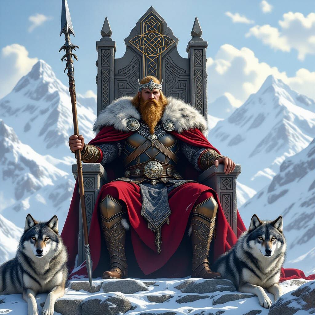 Norse God on Throne with Wolves and Spear