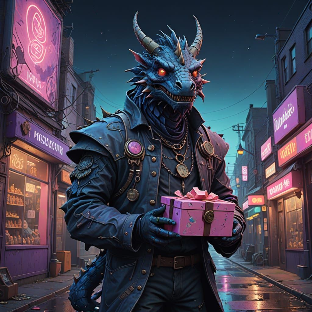 Gothic Dragon Hybrid in Whimsical Dungaree, Holding Valentin...