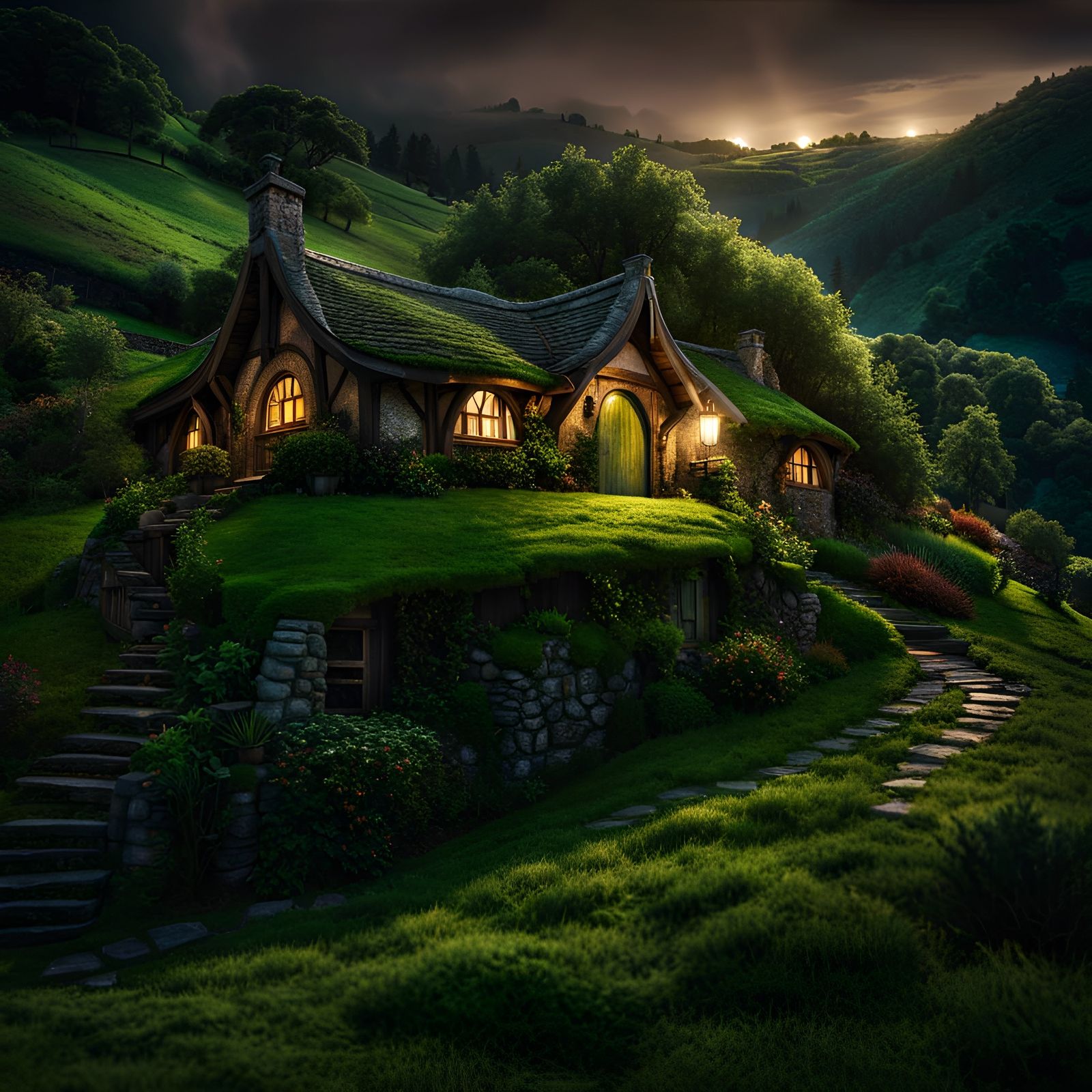 Lush Hobbit Shire House at Night: Digital Art