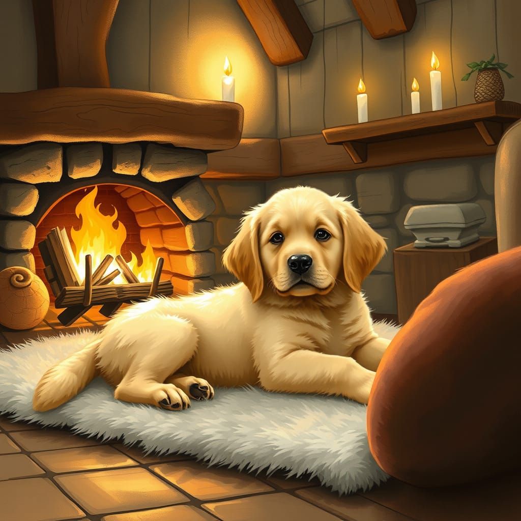 Warm Winter Scene with Fluffy Golden Retriever Puppy