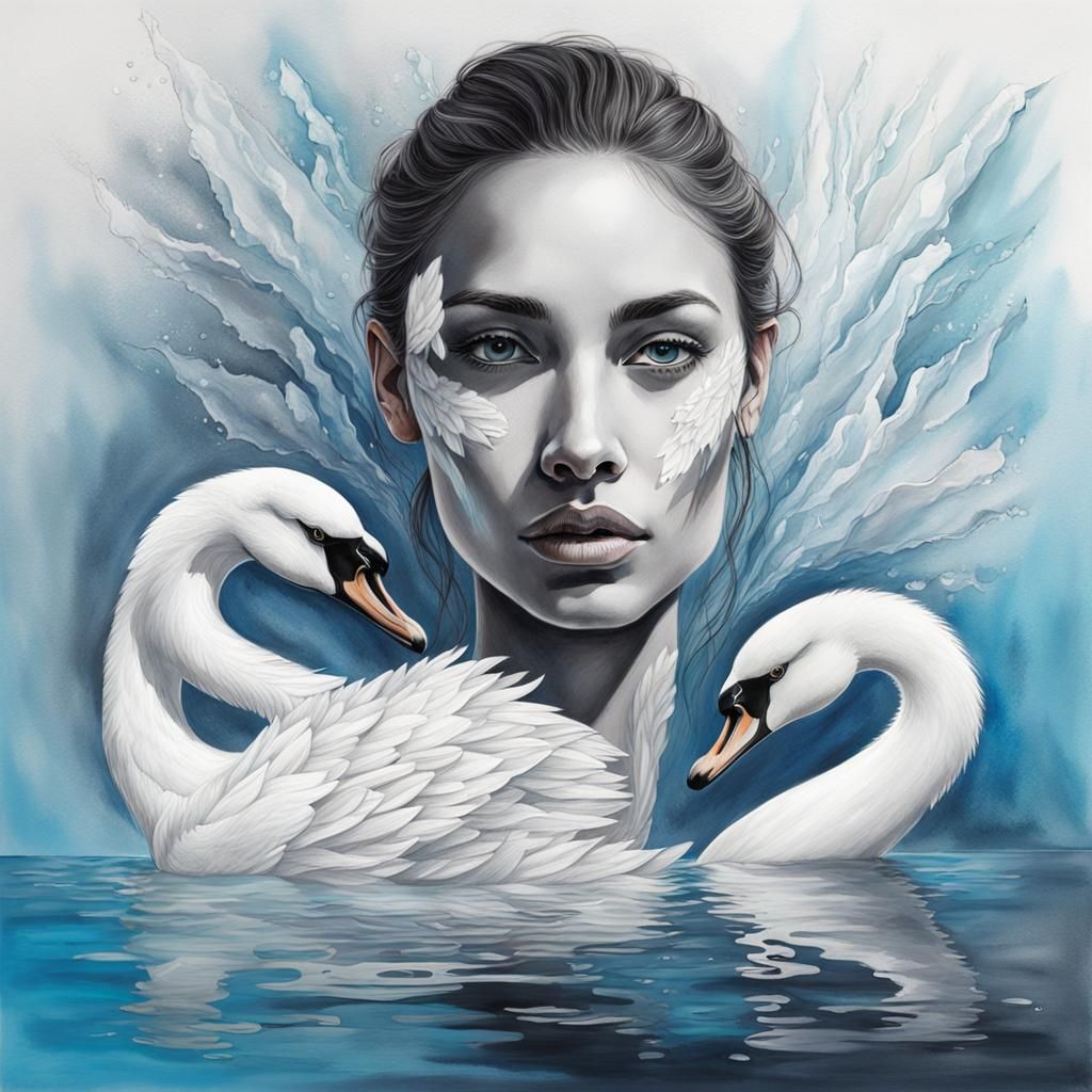 Watercolor Swan-Human Hybrid on Ice Lake