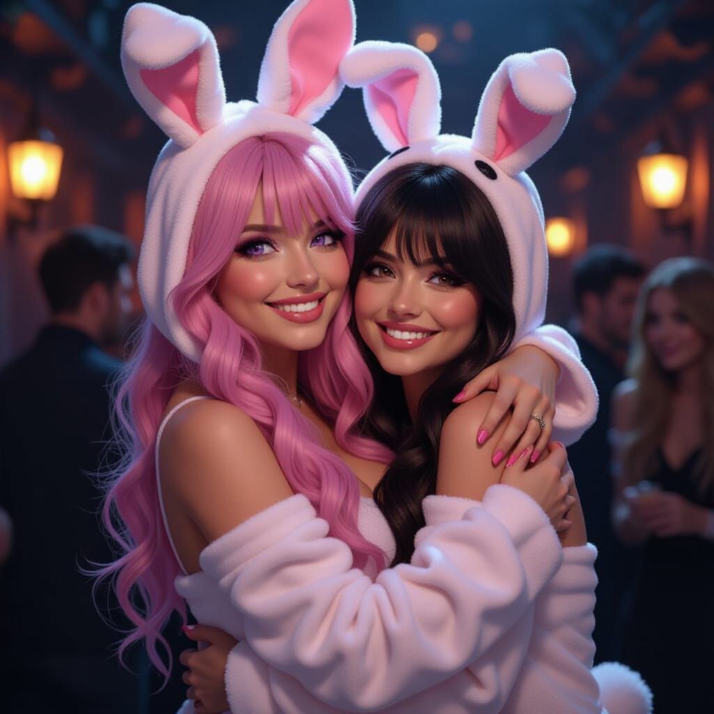 Two Women in Bunny Costumes at Halloween Party