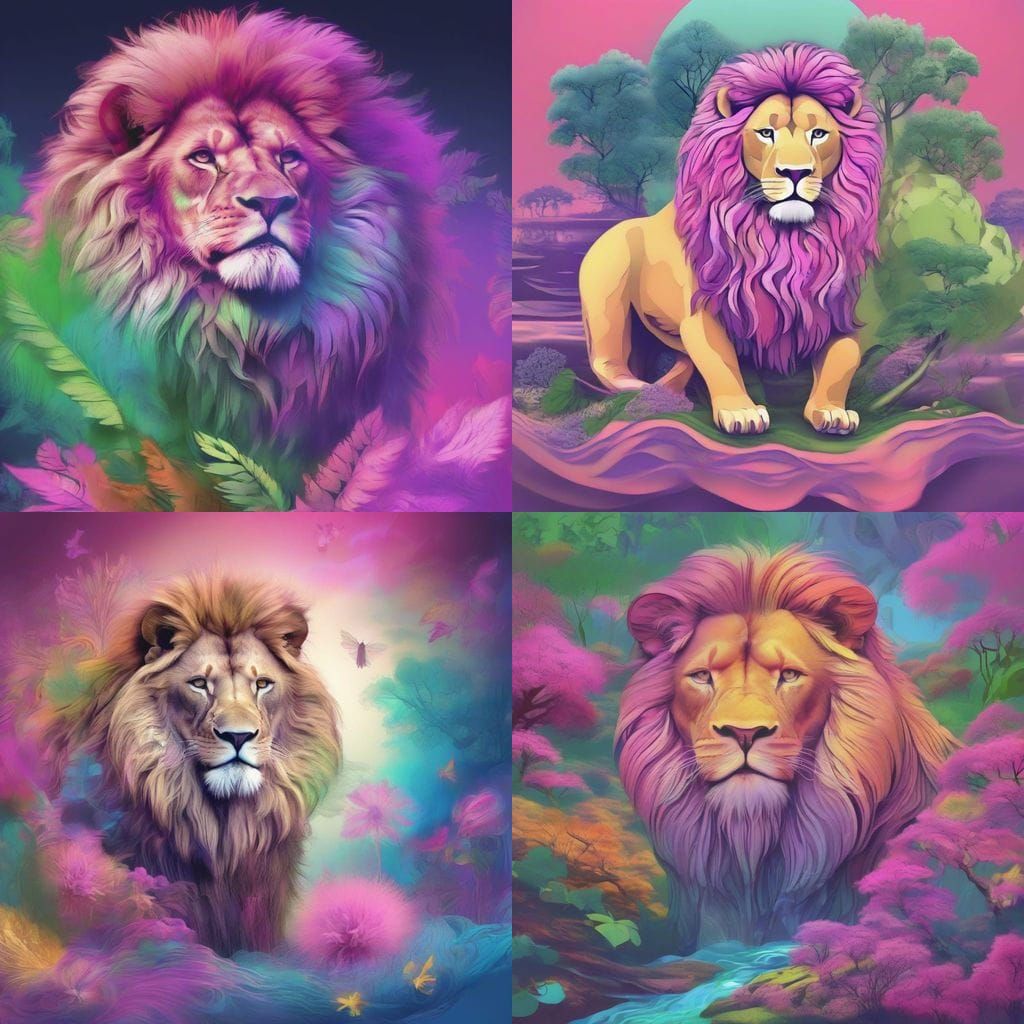 Psychedelic Pop Lion in Vibrant Woodland Landscape