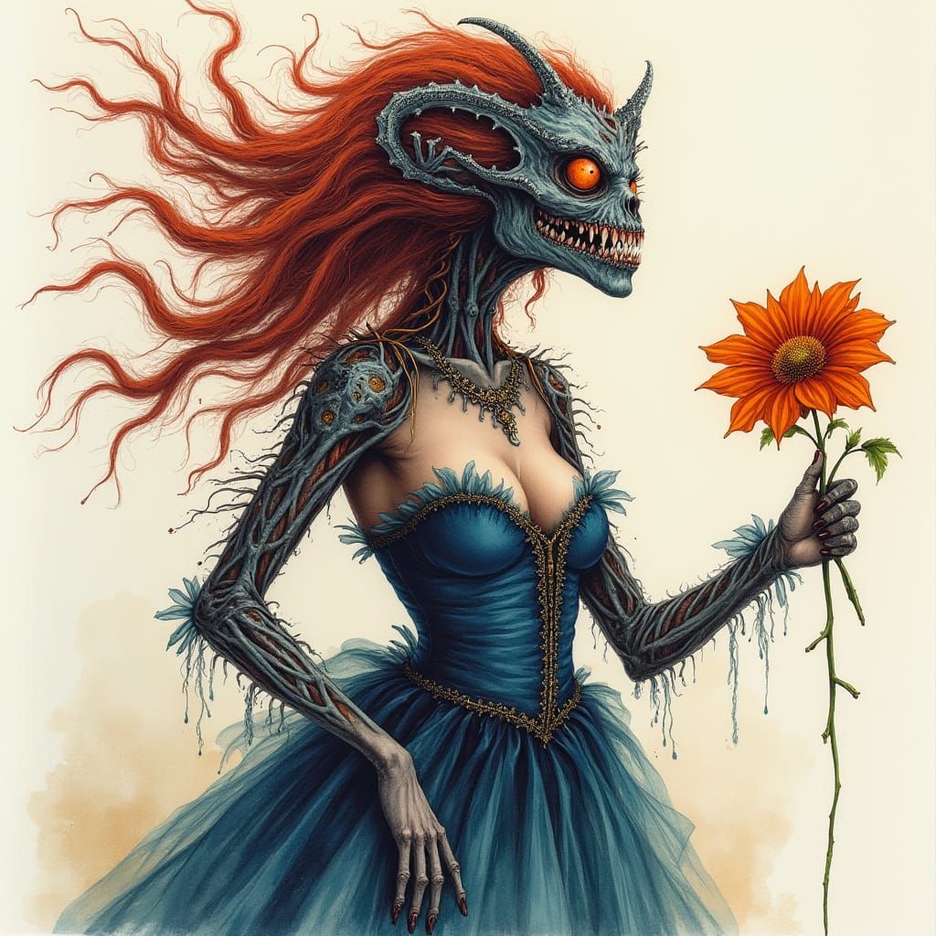 Vibrant Macabre Monster Woman Illustration