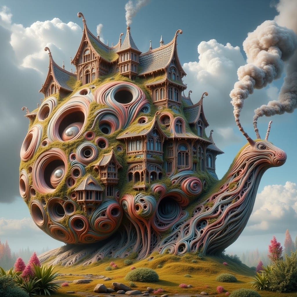 Snail with Atomium in Surreal Style