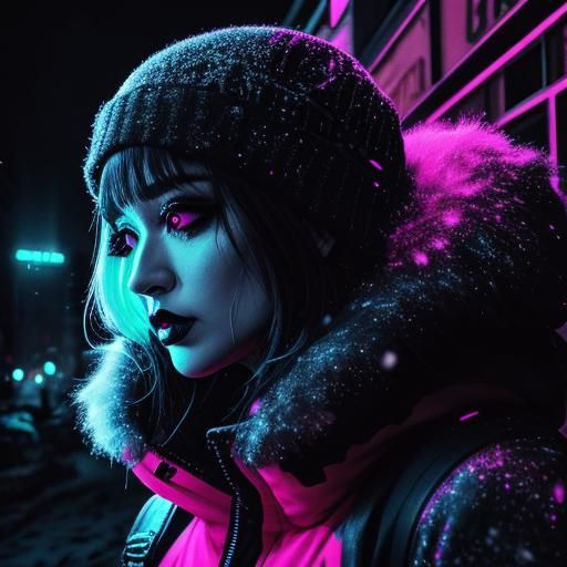 Neon Noir Melting Faces in Snowy City