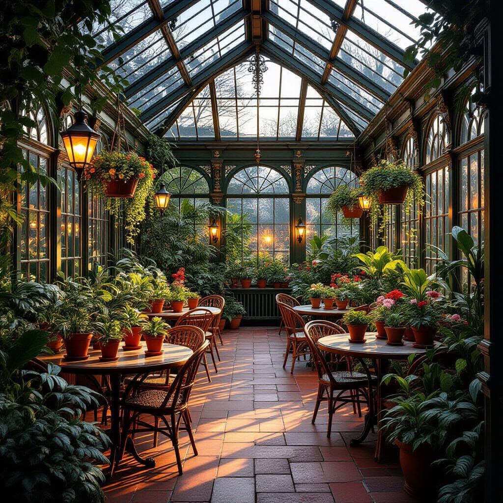 Victorian Greenhouse Interior at Dusk