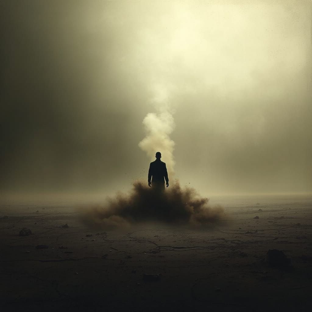 Solitary Figure Dissolving into Dust in Surreal Landscape
