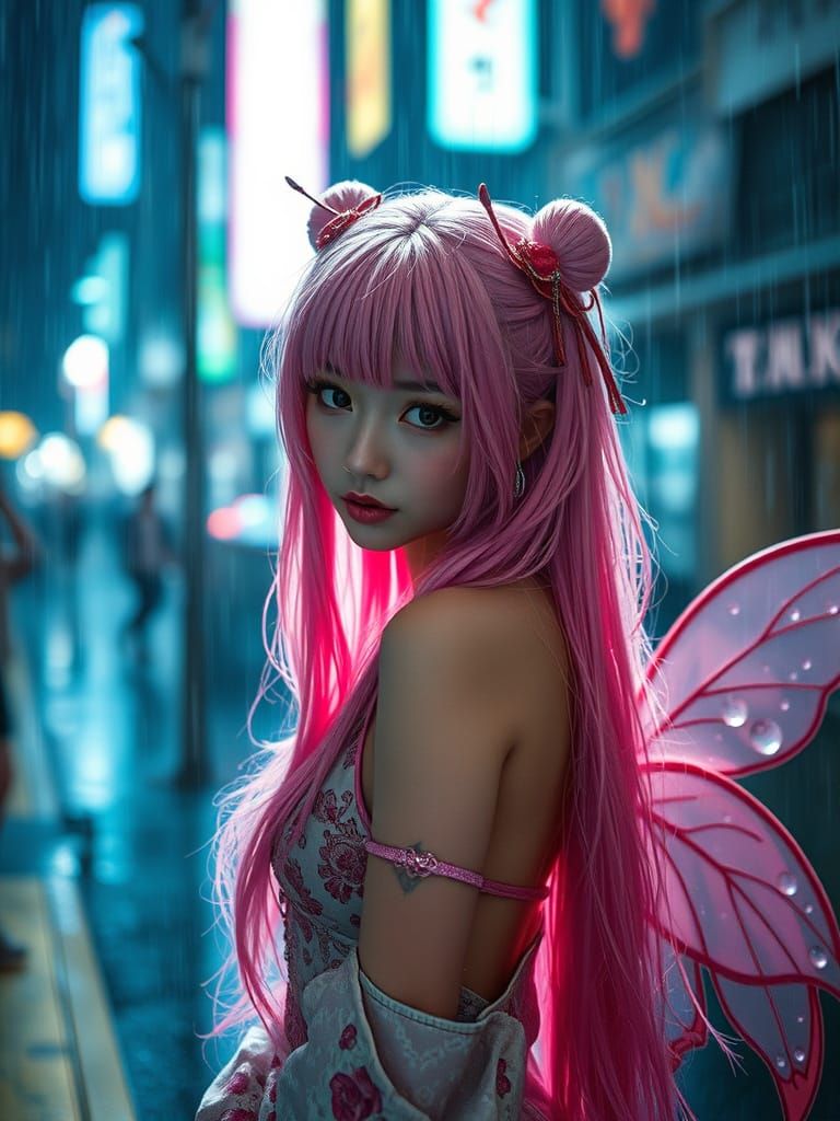 Sensual Cyberpunk Fairy in the Rain