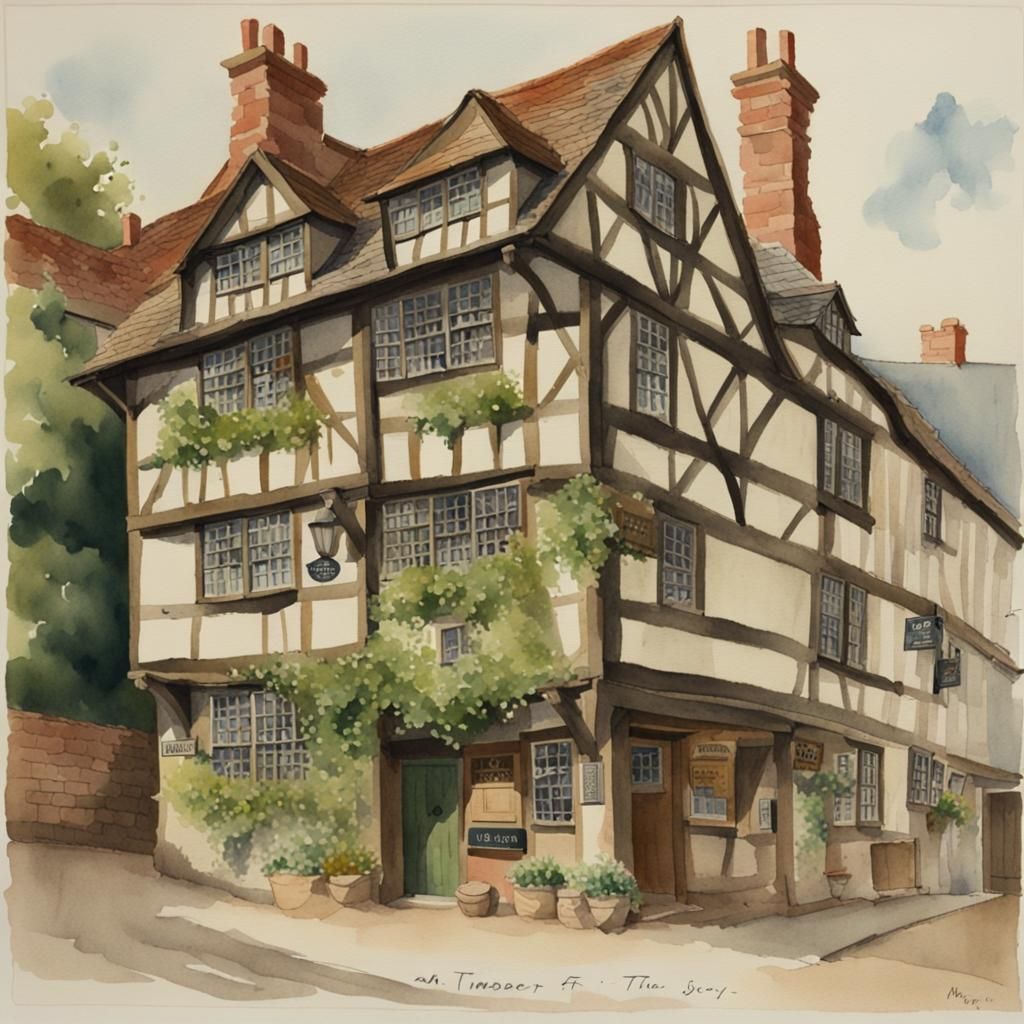 Watercolor Painting of an Old Timber-Framed Inn