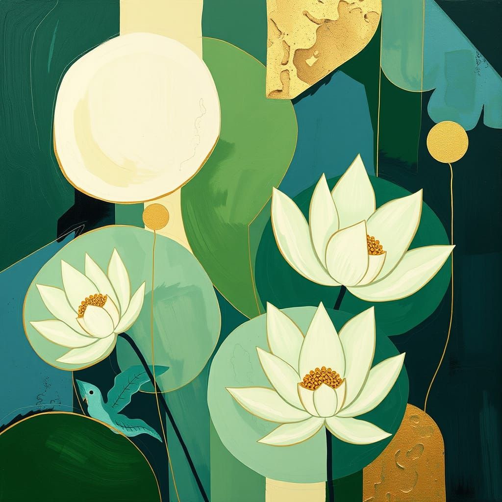 Mondrianesque Abstraction of Lily Pads in Green and Gold