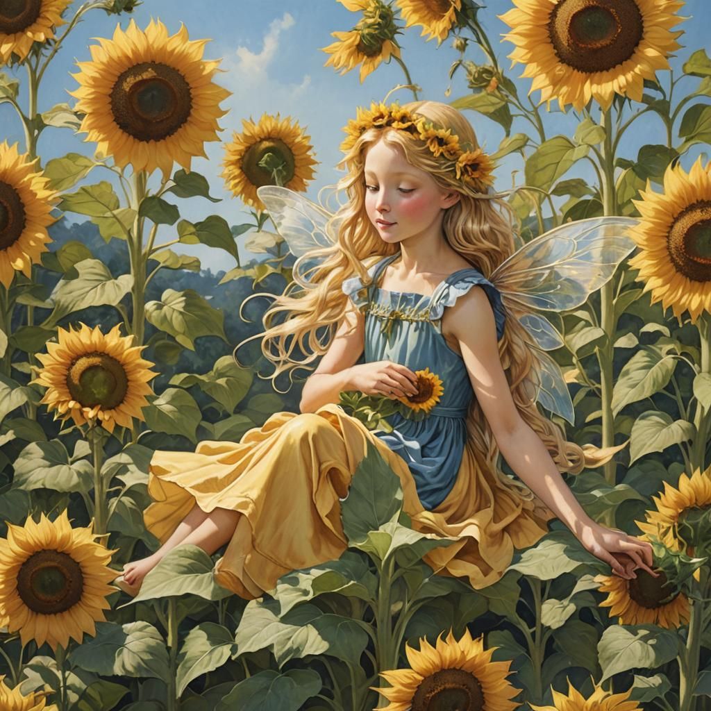 Sunflower Fairy with Seed, Watercolor Illustration