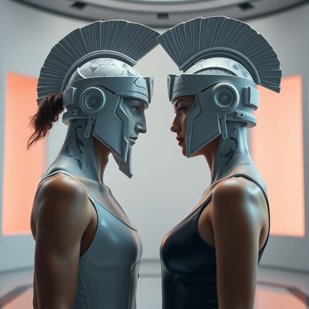 Futuristic Warrior Statue in Cyberpunk Art Gallery