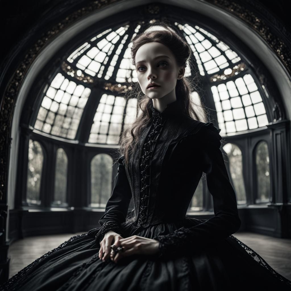 Gothic Porcelain Doll in Art Nouveau Glass Dome