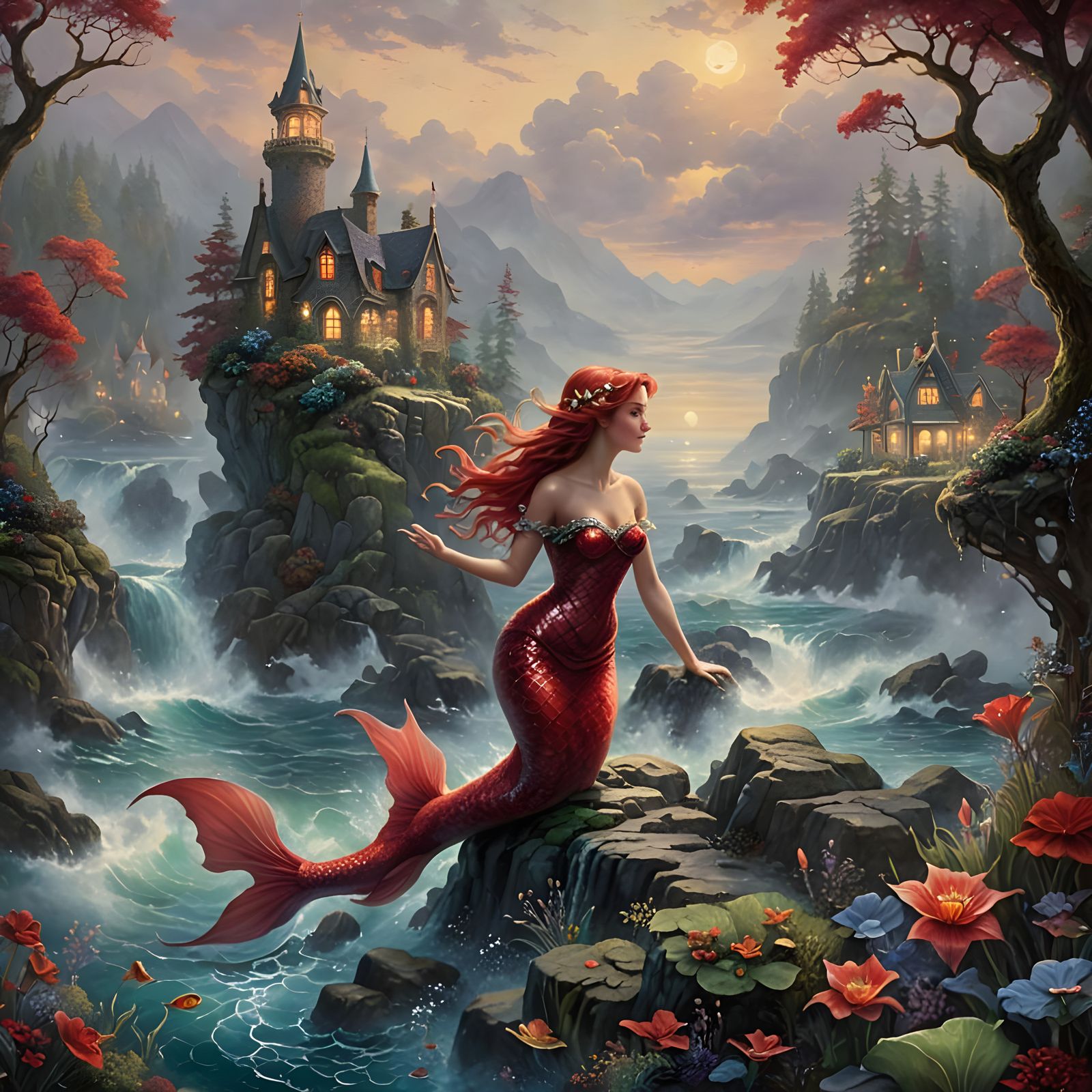Ethereal Red Mermaid in Misty Fantasy Landscape