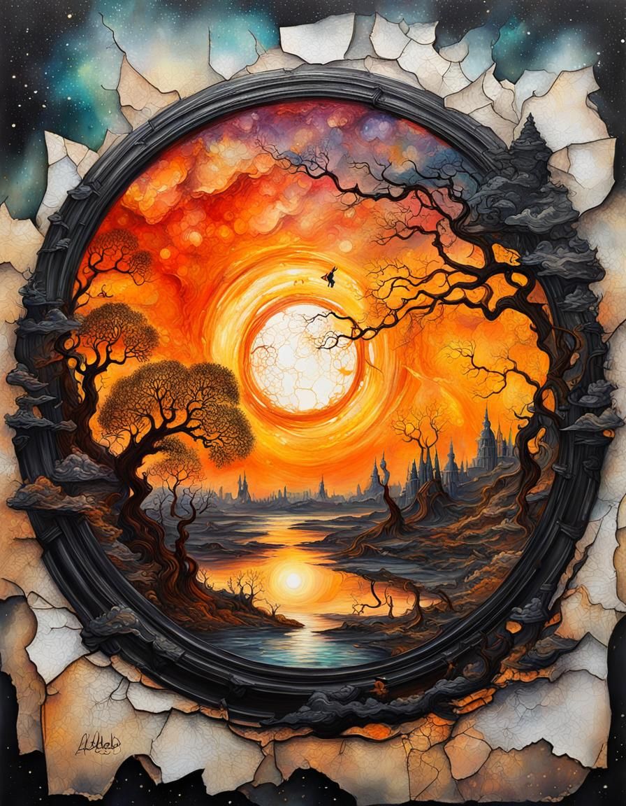 Surreal Sunset: Double Exposure Rococo Oil Painting